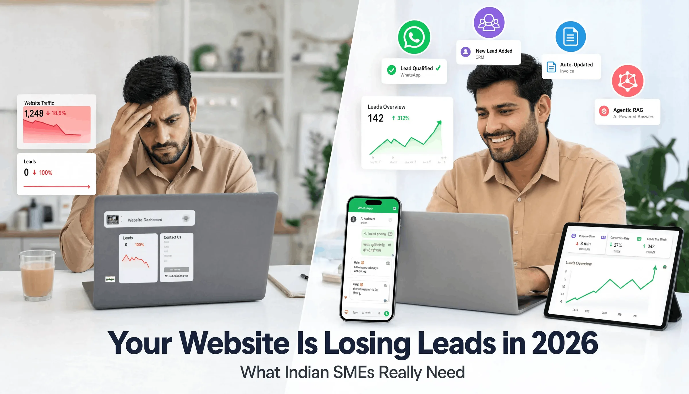 Indian business owner frustrated with website dashboard showing zero leads, with WhatsApp and AI chatbot icons overlay