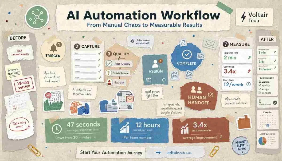 AI automation is most useful when the business has a repeated, measurable workflow that currently depends on manual coordination, scattered information or delayed handoffs. Start with one clearly defined process, decide what should remain human-led, and measure the result before expanding into a broader programme.