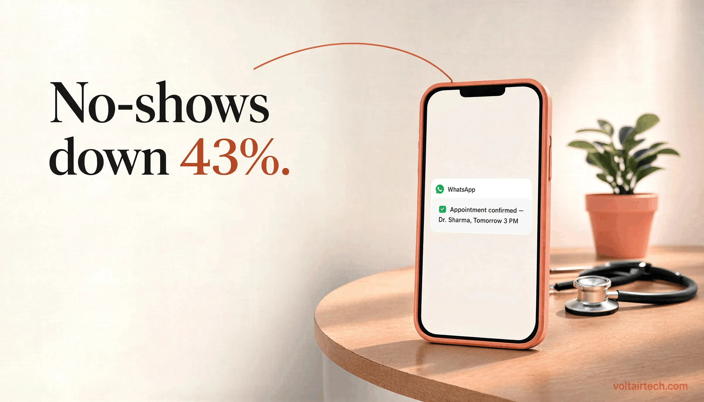 AI for healthcare India - clinic smartphone showing WhatsApp appointment confirmation with stethoscope in the background